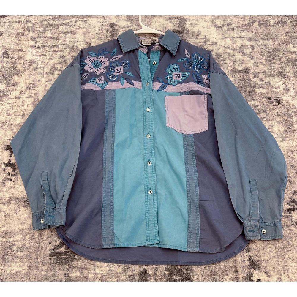 Vtg Together Women's M Western Floral Shirt Turquoise Cotton Prairie Cottagecore